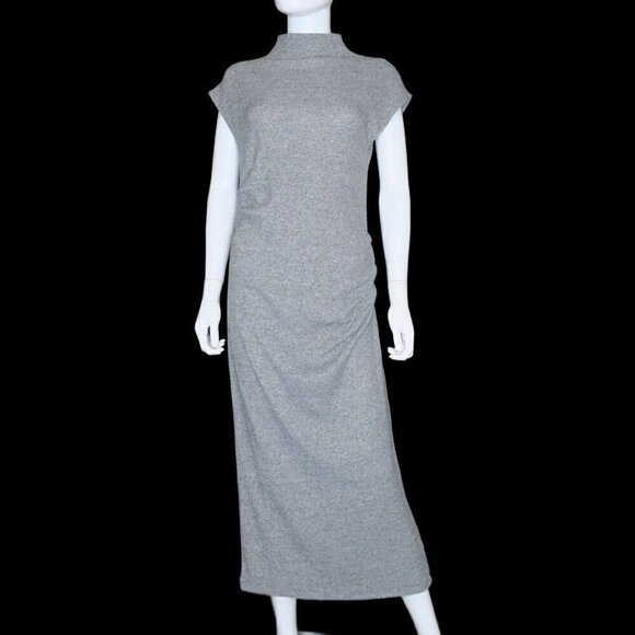 Zara Gray Sweater Dress Ruched Mid-Calf Sheath Dress Mock Neck Women's Large - Picture 5 of 8